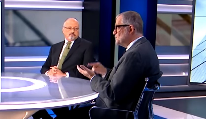 Murdered journalist Jamal Khashoggi (left) and Ali Shihabi of the now-defunct Arabia Foundation debating Saudi "reforms" on al-Jazeera television last year.